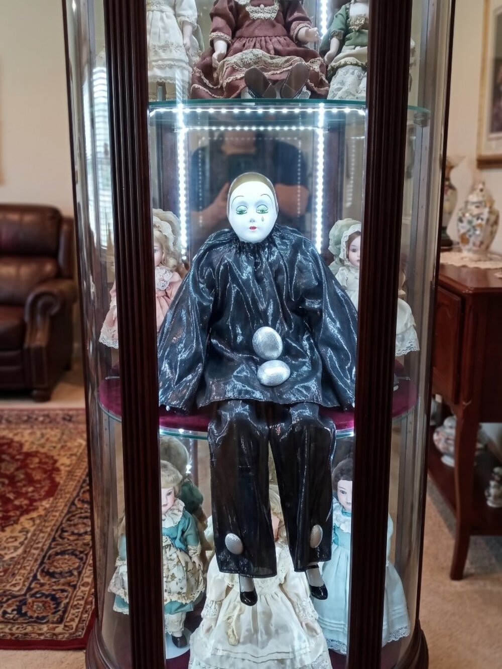 Stunning Vintage Pierrot Porcelain Clown Doll Black Silver Costume Teardrop Face